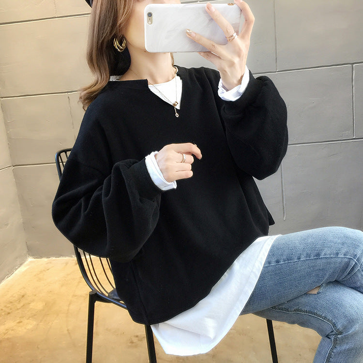 Fake two-piece long-sleeved sweater tide 2021 autumn new large size women's loose round collar 200 pounds fat mm cover meat tops