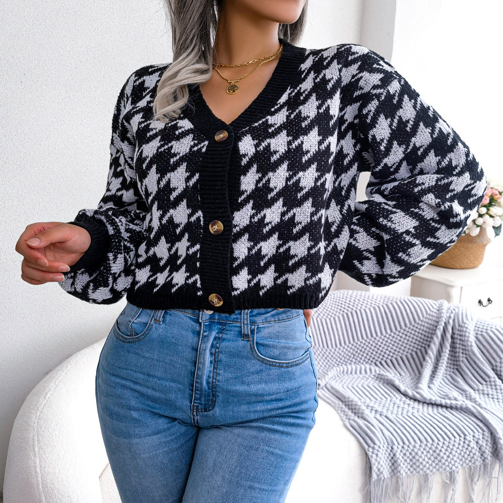 Houndstooth V-Neck Dropped Shoulder Cropped Cardigan