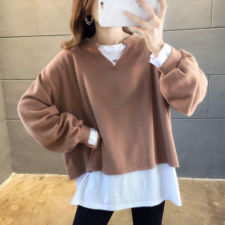 Fake two-piece long-sleeved sweater tide 2021 autumn new large size women's loose round collar 200 pounds fat mm cover meat tops