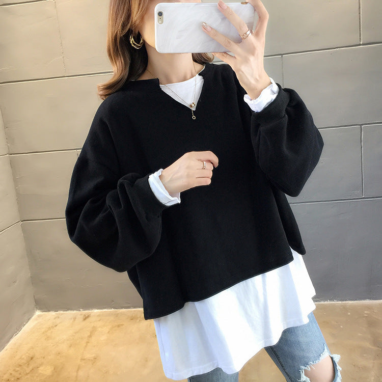 Fake two-piece long-sleeved sweater tide 2021 autumn new large size women's loose round collar 200 pounds fat mm cover meat tops