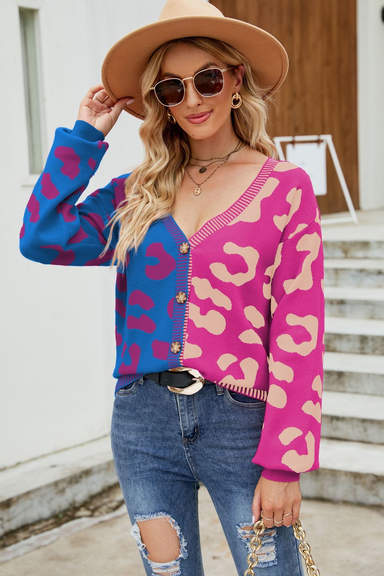 Leopard Print Button Down Dropped Shoulder Cardigan