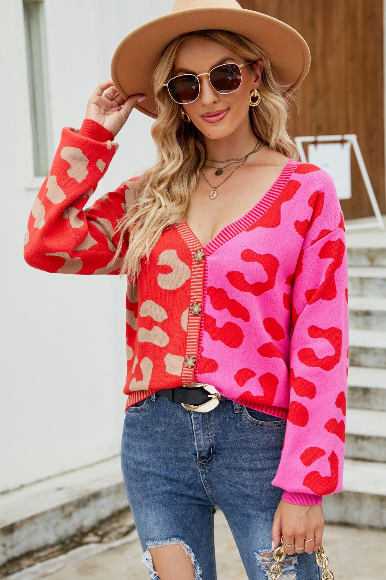 Leopard Print Button Down Dropped Shoulder Cardigan