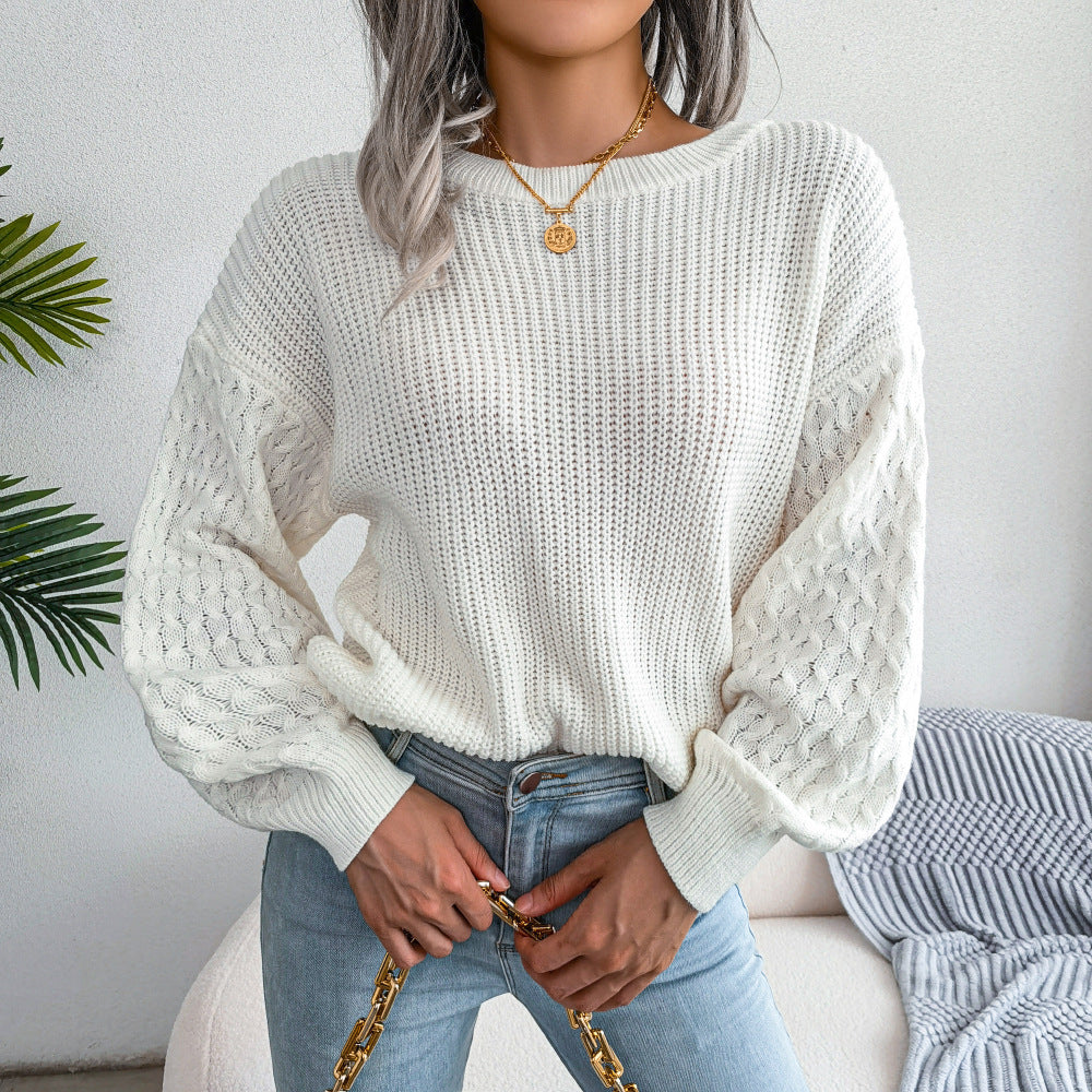 Mixed Knit Round Neck Dropped Shoulder Sweater