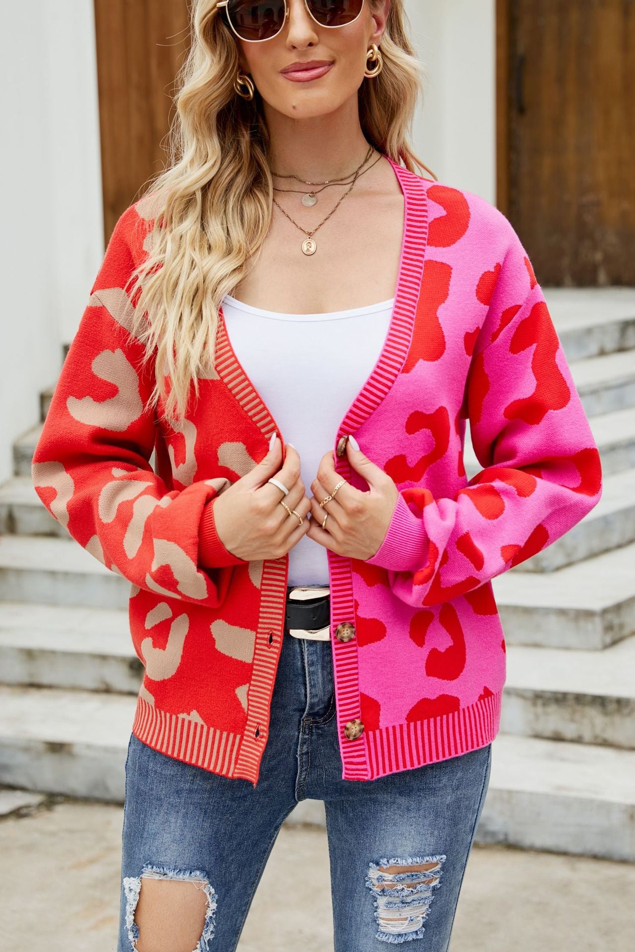 Leopard Print Button Down Dropped Shoulder Cardigan