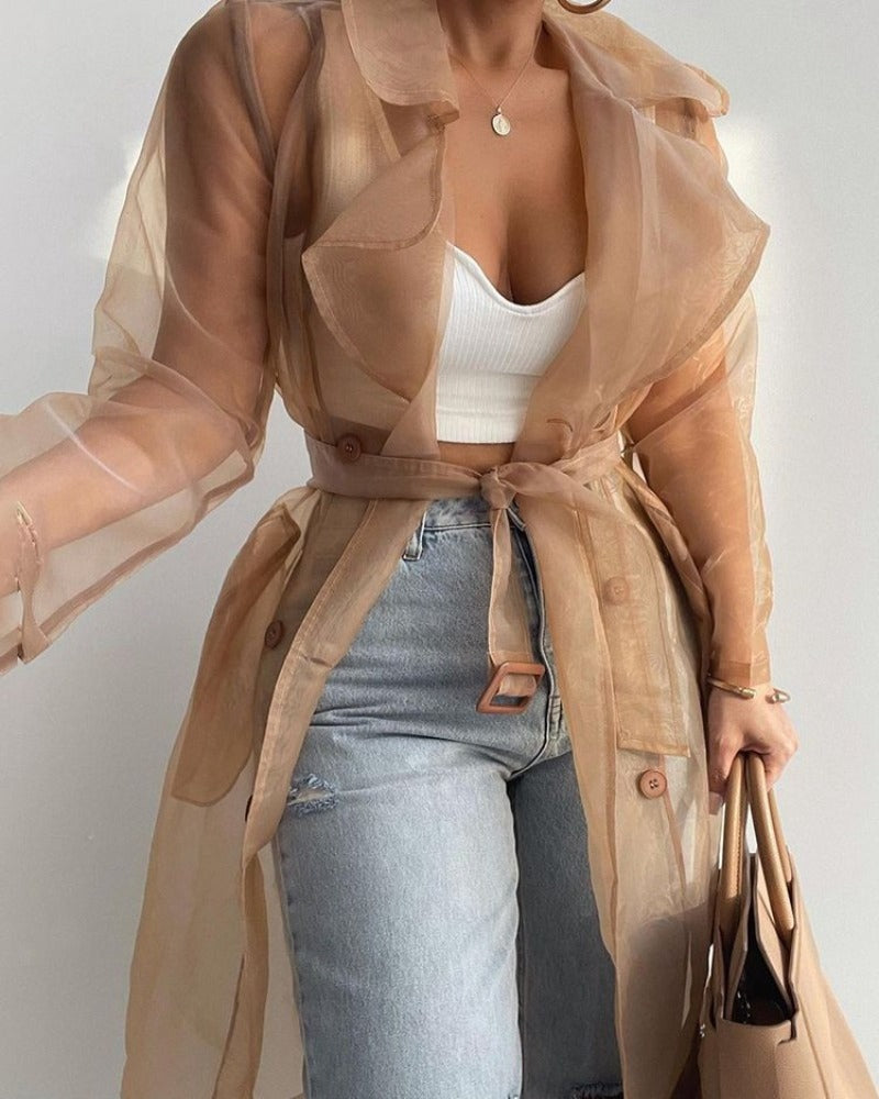 Women Fashion See Through Outdoor Tops Lace Up Spring Solid Sheer Mesh Long Sleeve Buttoned Coat With Belt Elegant Shirts