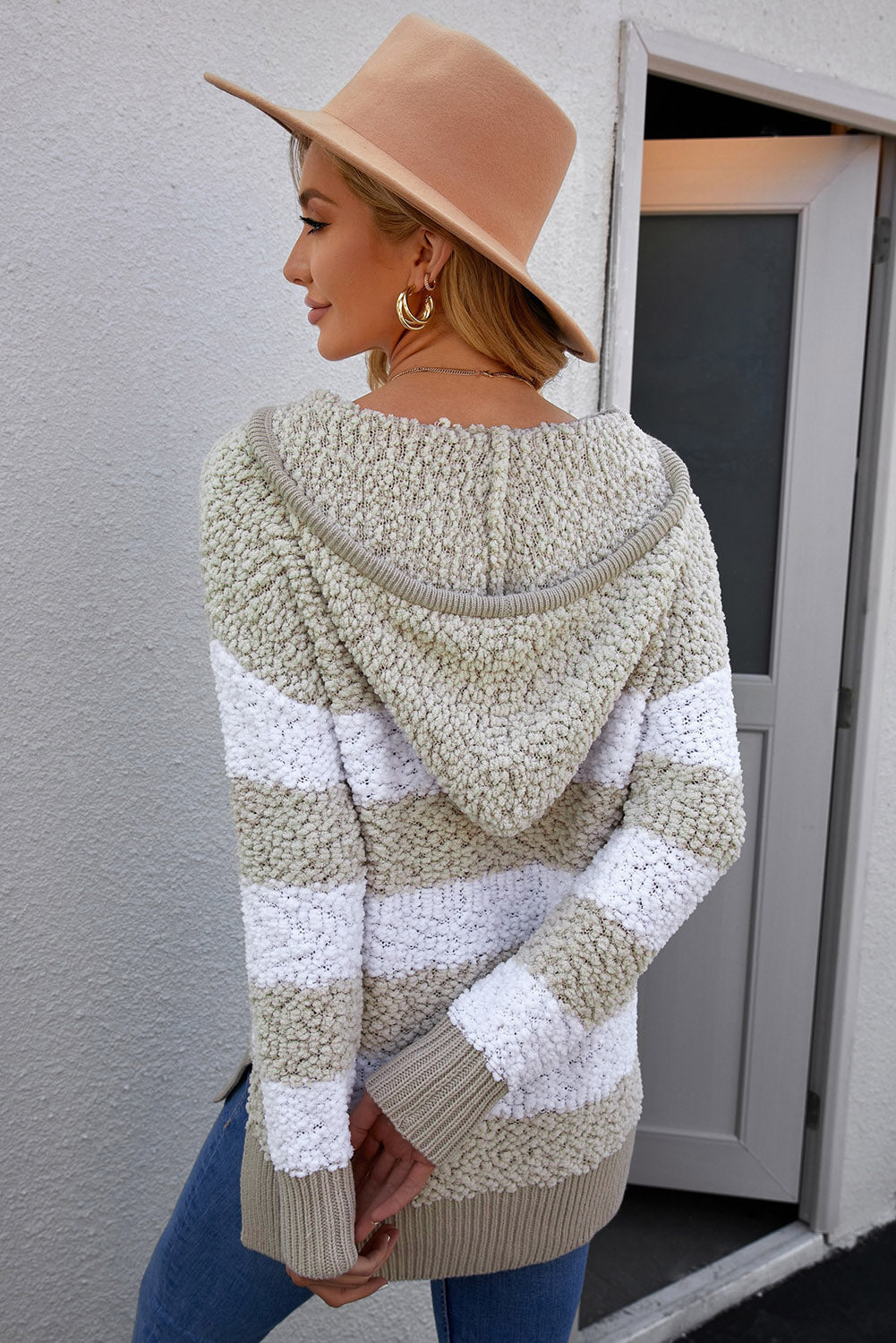 Striped Popcorn Knit Hooded Sweater