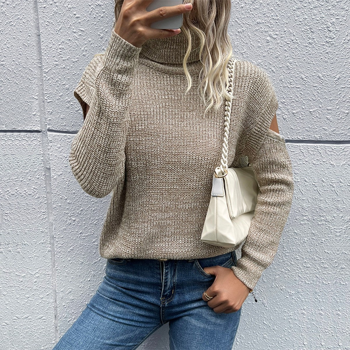 Heathered Cutout Turtleneck Sweater