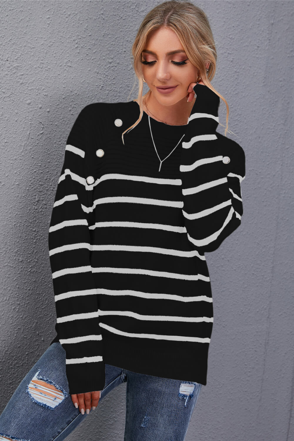 Striped Button Detail Round Neck Sweater