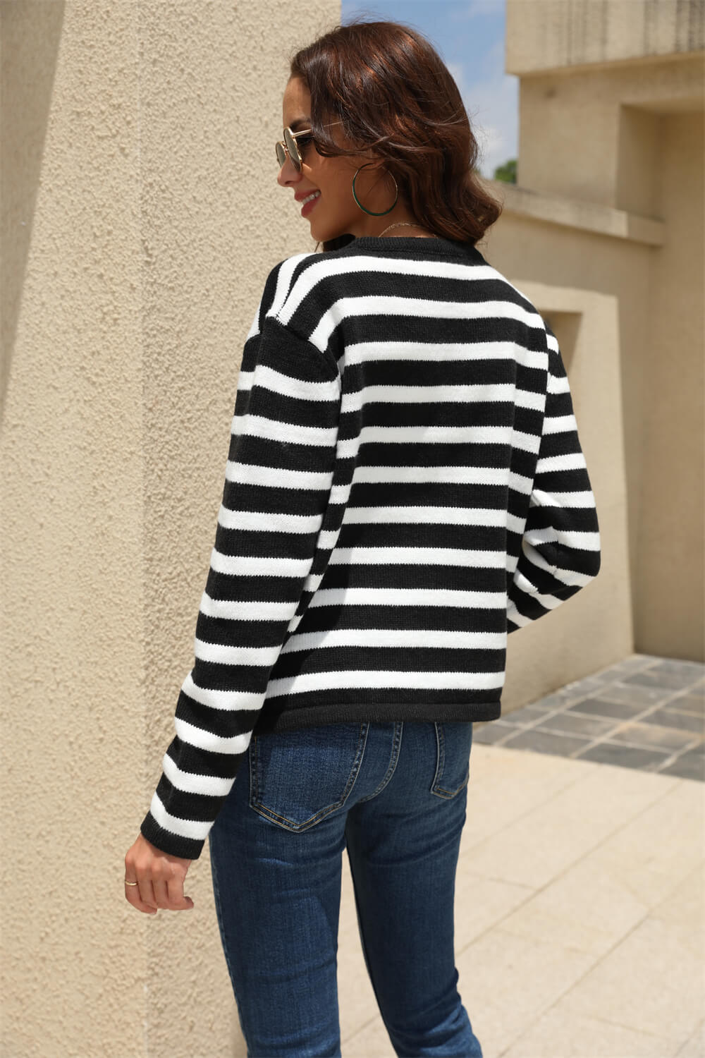 Striped Button Down Round Neck Cardigan