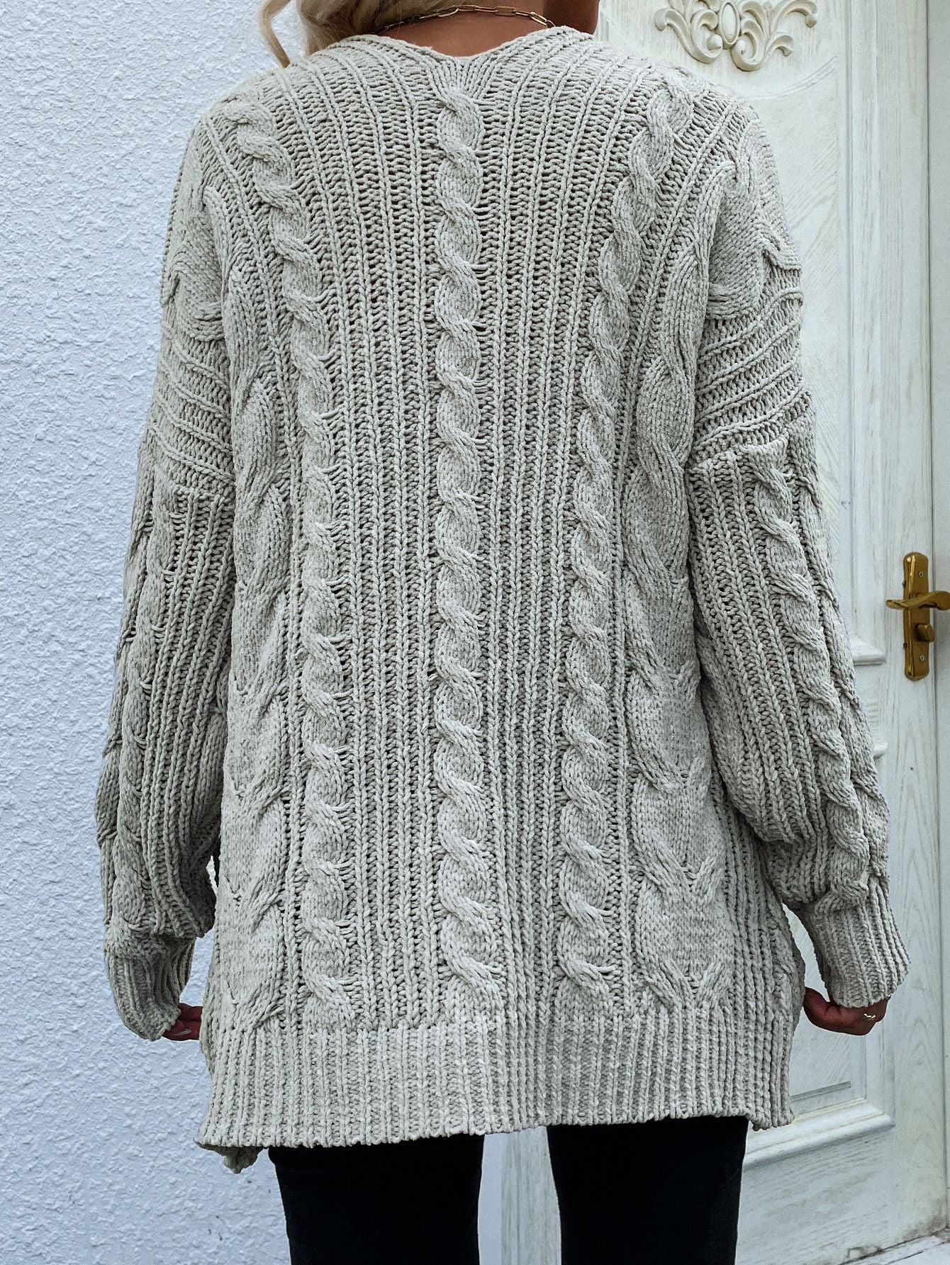 Cable-Knit Open Front Cardigan with Front Pockets