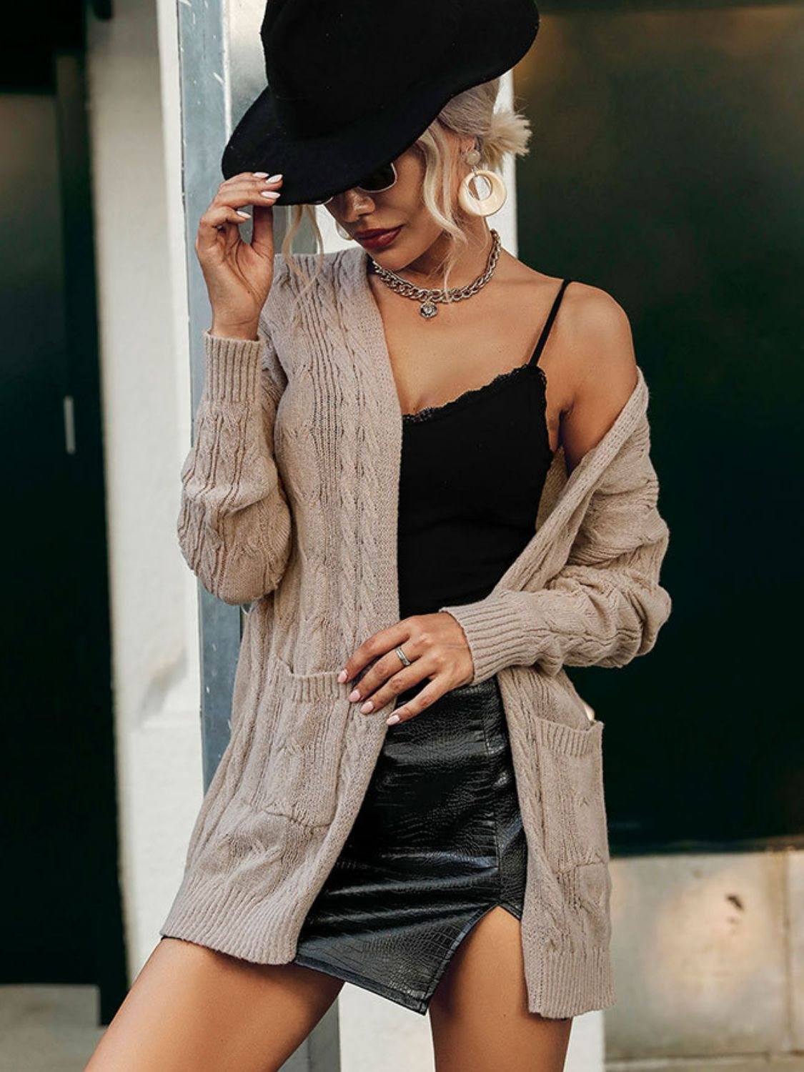 Cable-Knit Dropped Shoulder Longline Cardigan with Pockets