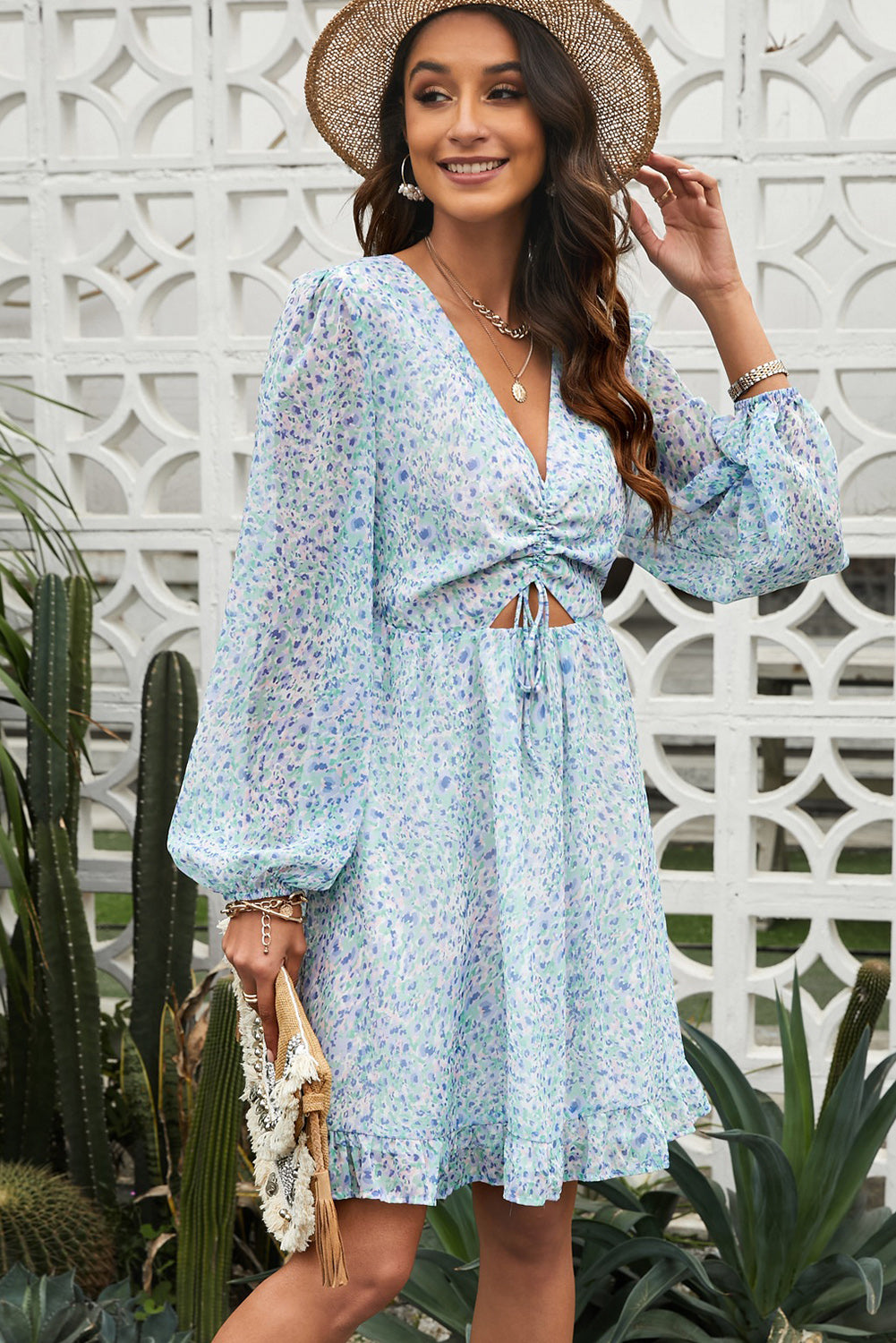 Ditsy Floral Cutout Drawstring Detail Puff Sleeve Dress