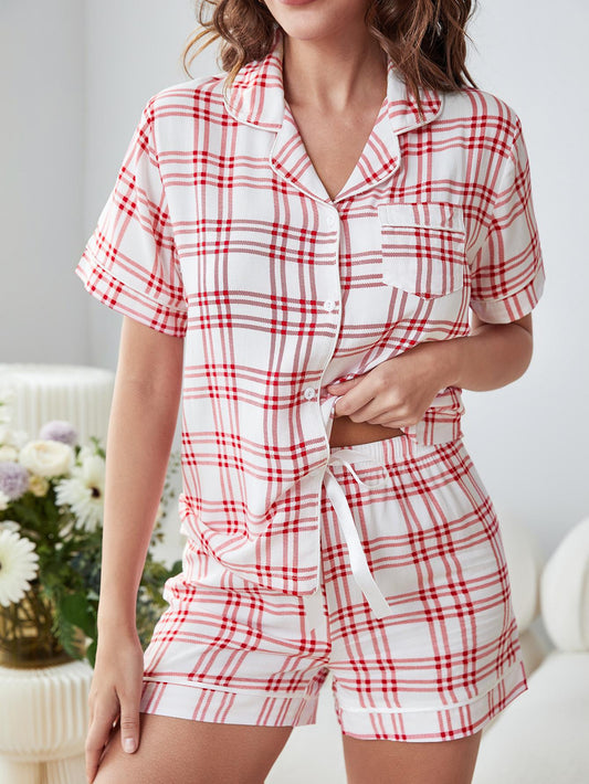 Plaid Lapel Collar Shirt and Shorts Lounge Set