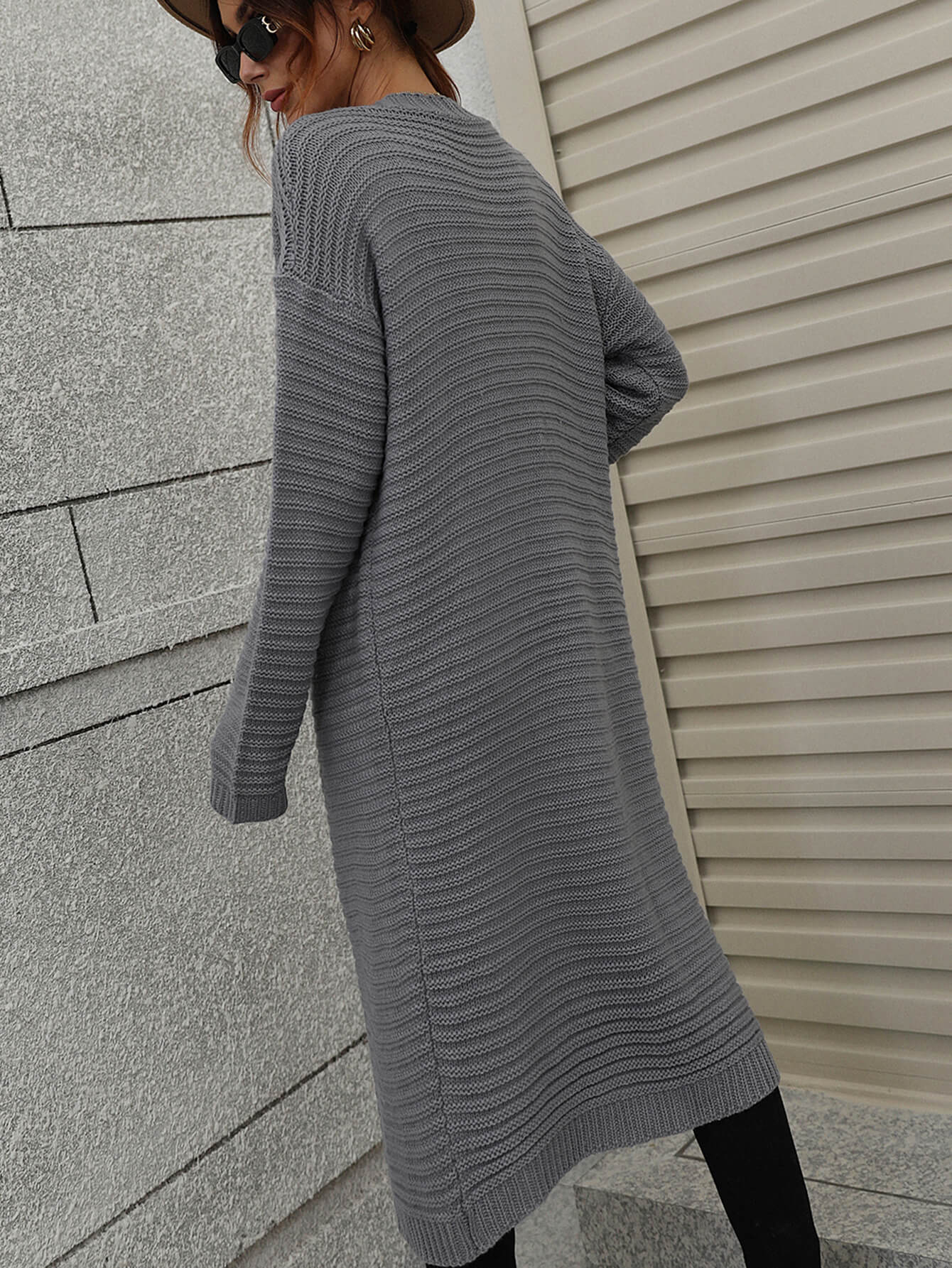 Horizontal Ribbing Dropped Shoulder Cardigan