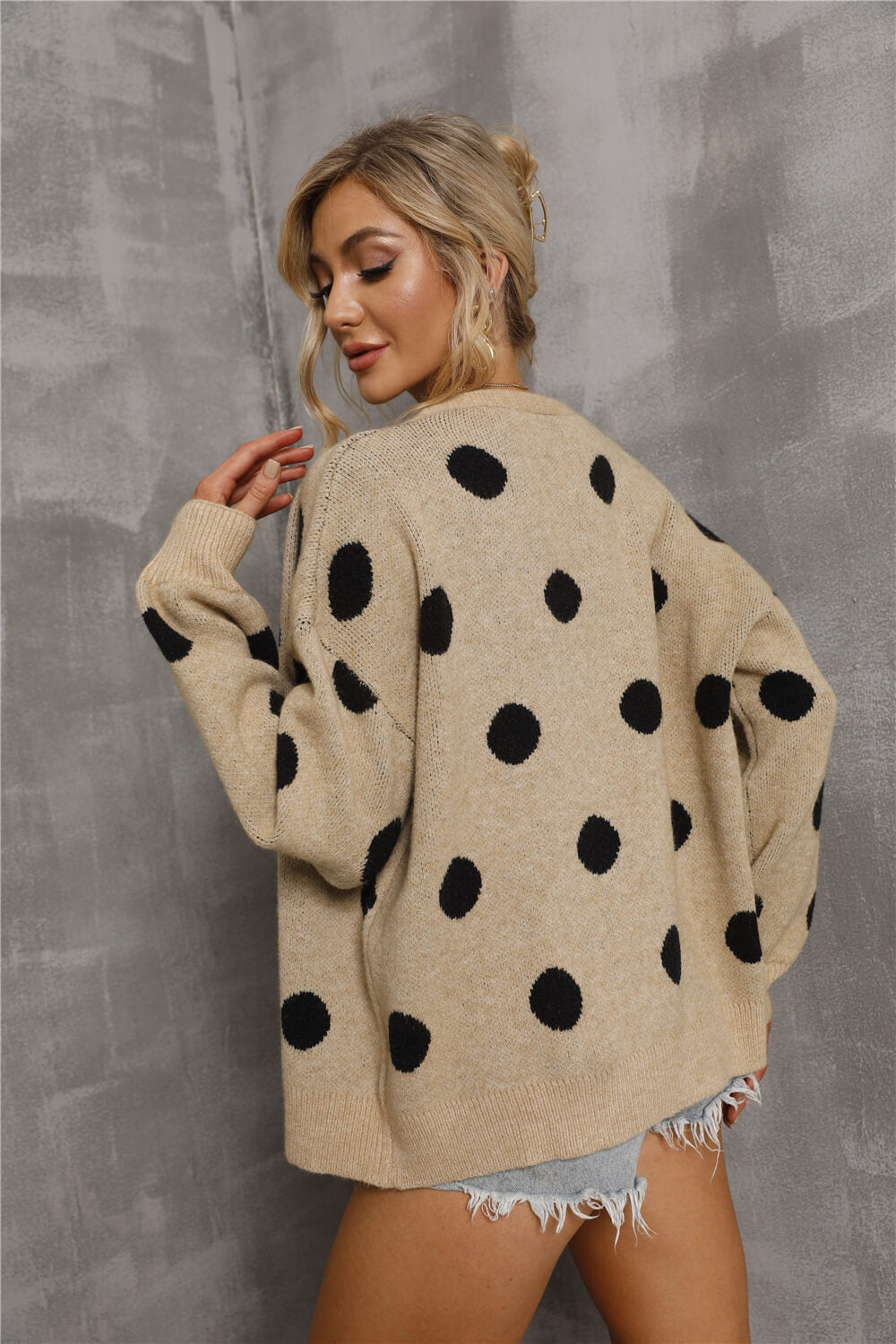 Polka Dot Open Front Dropped Shoulder Cardigan