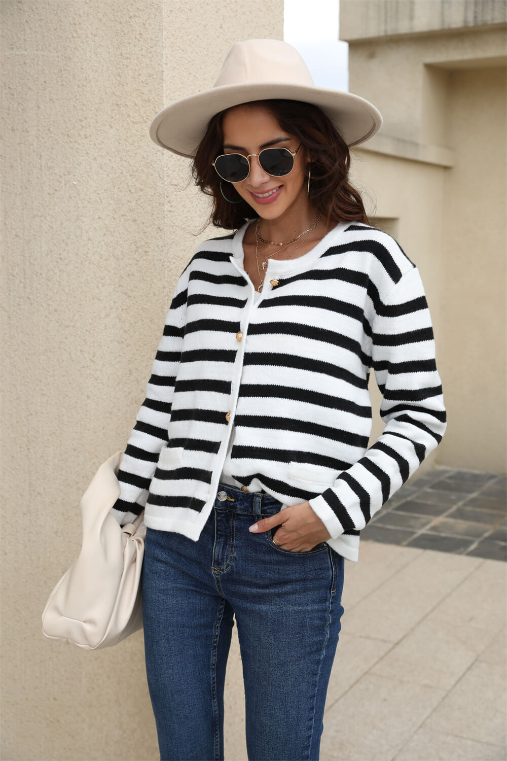 Striped Button Down Round Neck Cardigan