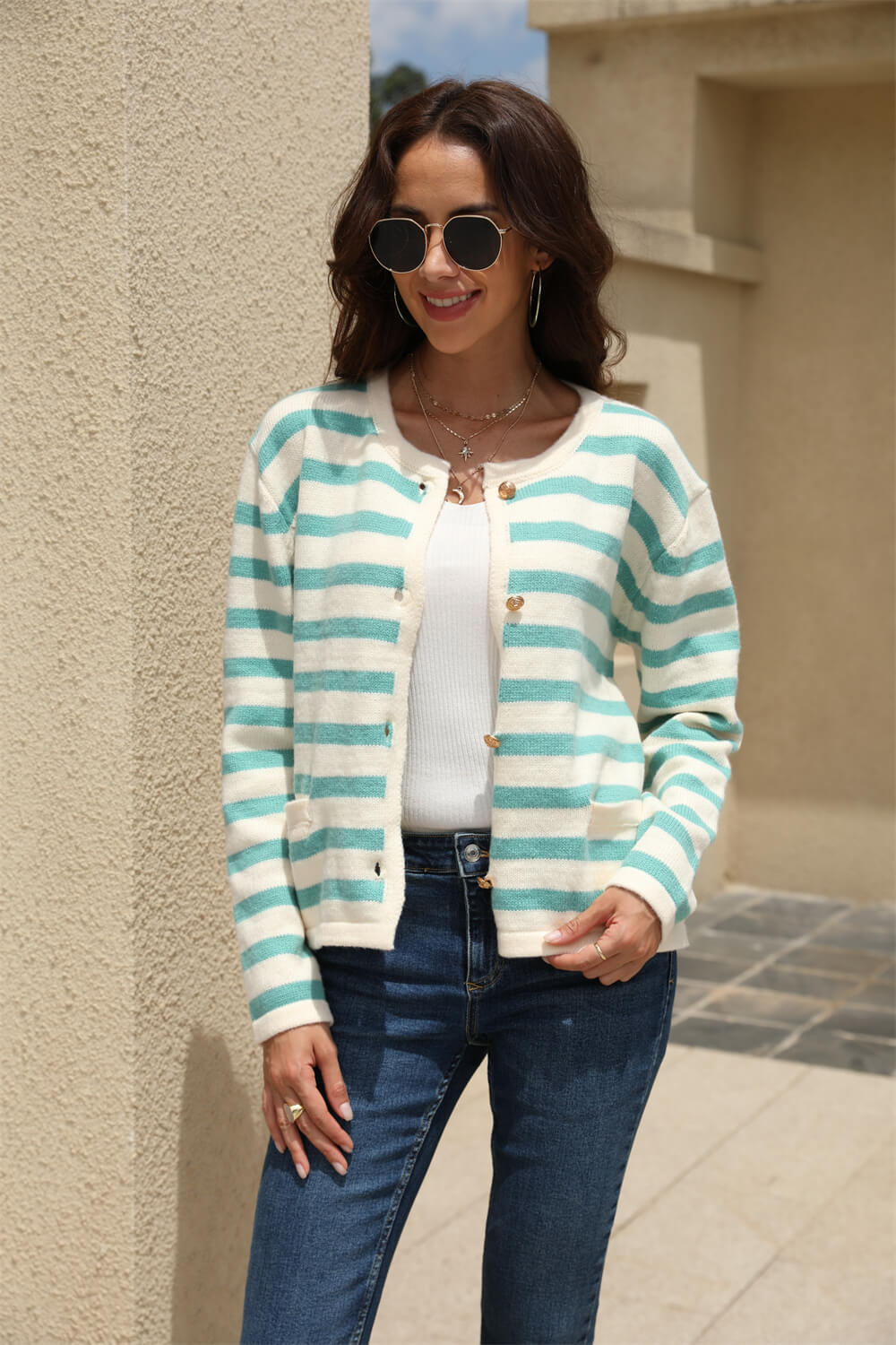 Striped Button Down Round Neck Cardigan