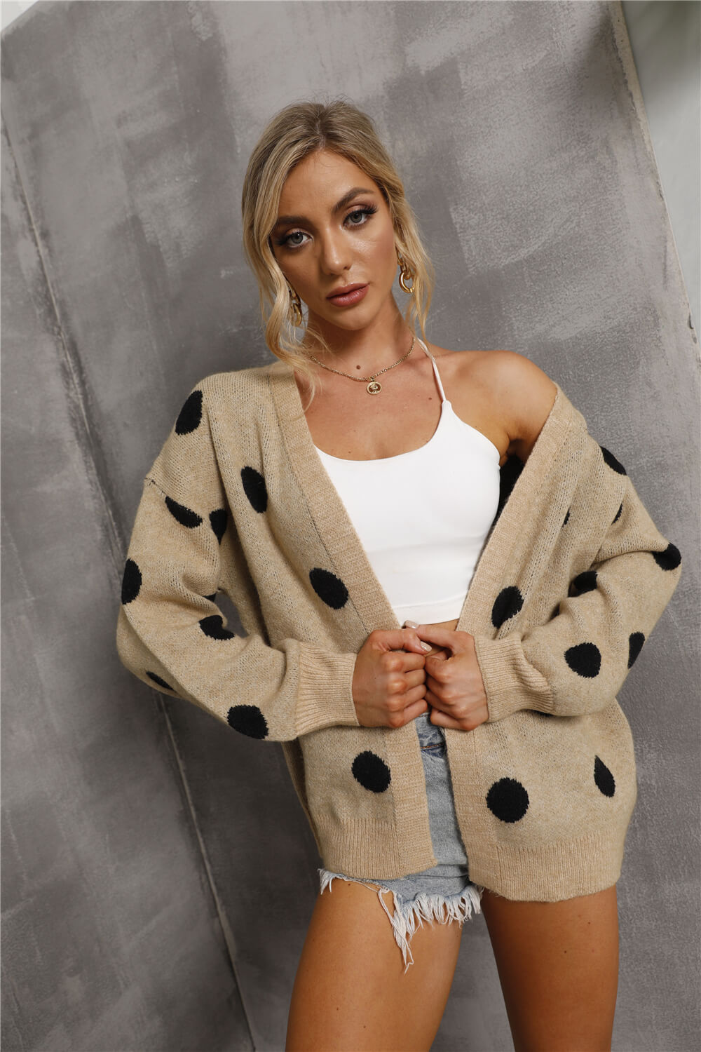 Polka Dot Open Front Dropped Shoulder Cardigan