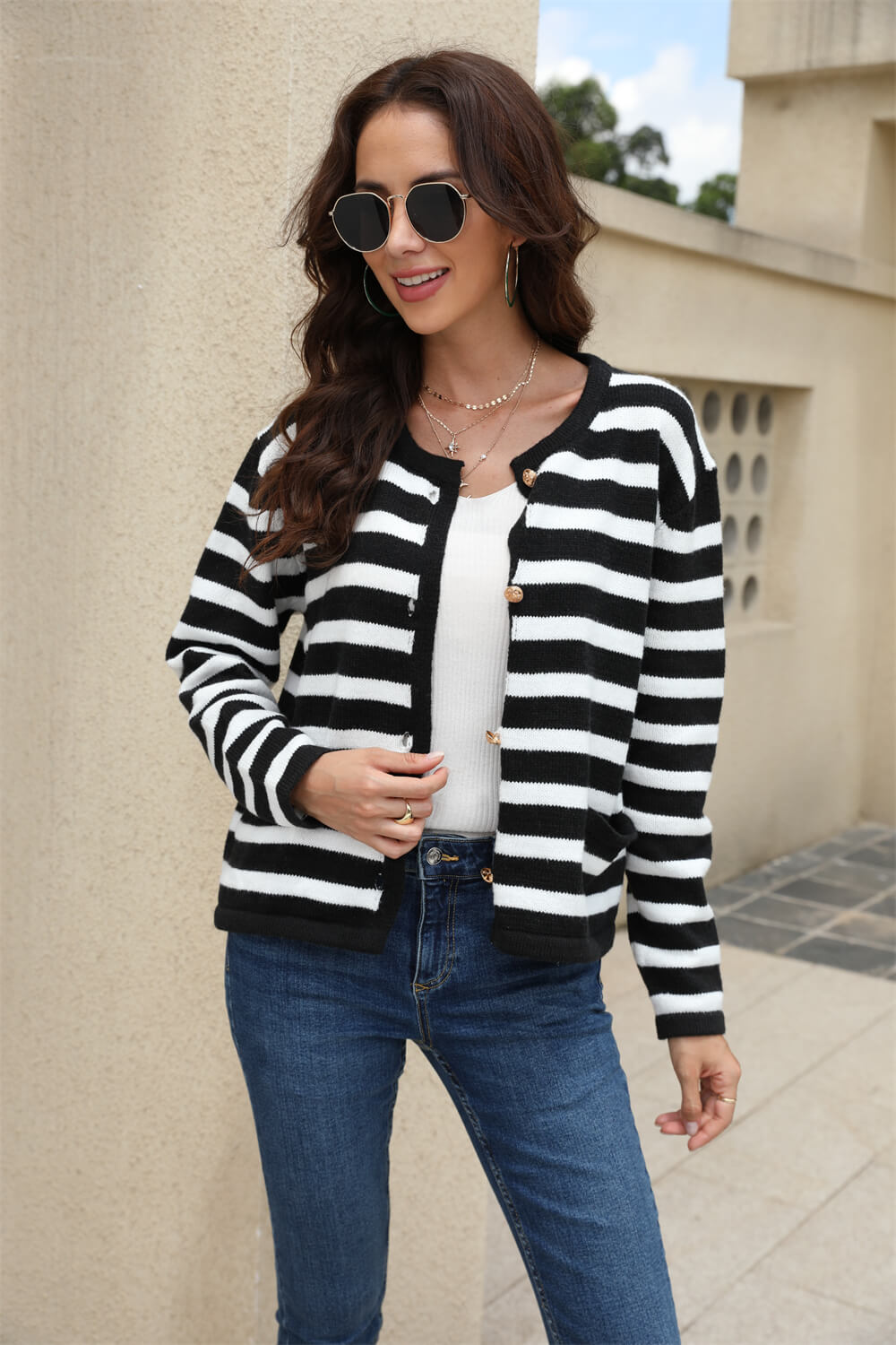 Striped Button Down Round Neck Cardigan