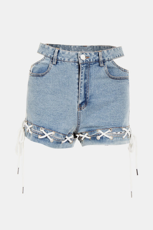 Lace-Up Cutout Denim Shorts