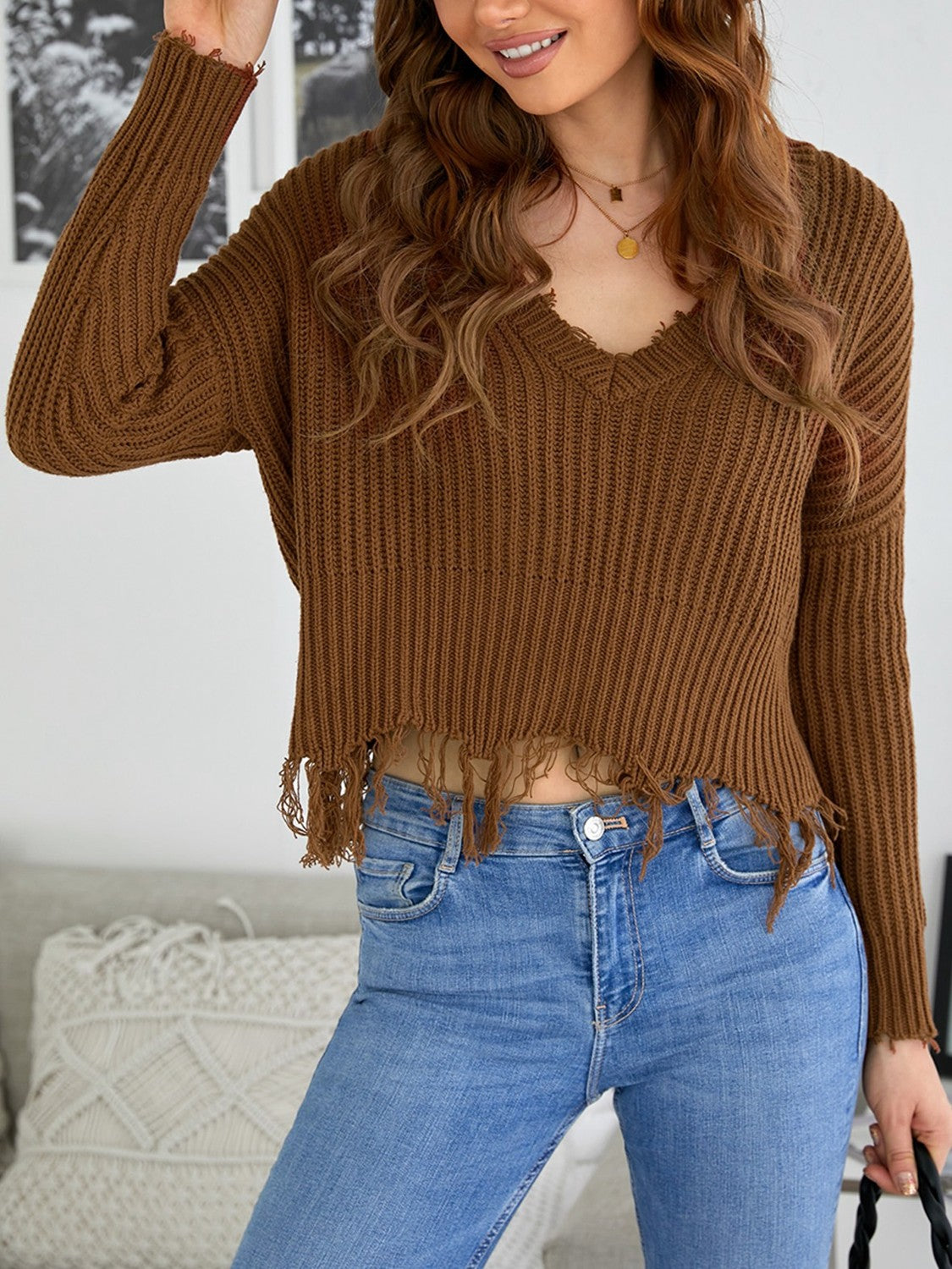 Fringe Hem Rib-Knit Sweater